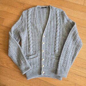 Vintage Cable Knit Cardigan Sweater Size Medium Gray Made in Canada Grandpa
